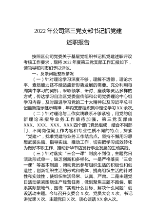 2022年公司第三党支部书记抓党建述职报告
