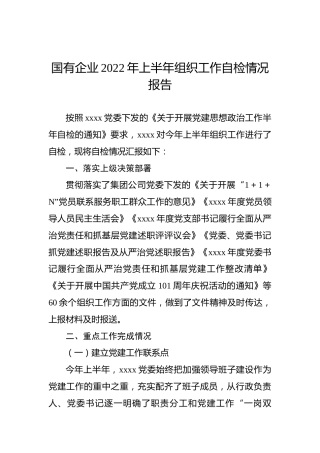 国有企业2022年上半年组织工作自检情况报告