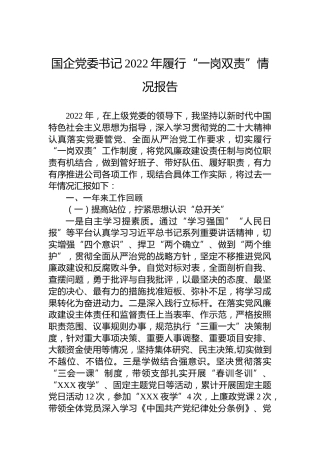 国企党委书记2022年履行“一岗双责”情况报告