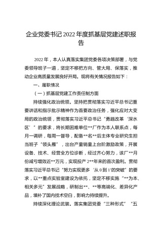 企业党委书记2022年度抓基层党建述职报告