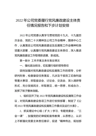 2022年公司党委履行党风廉政建设主体责任情况报告和下步计划安排