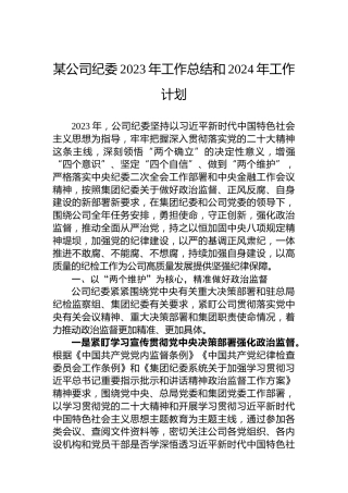 某公司纪委2023年工作总结和2024年工作计划