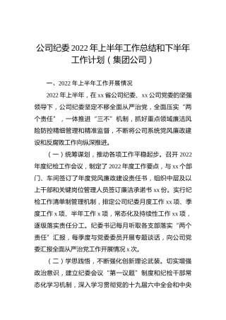 公司纪委2022年上半年工作总结和下半年工作计划（集团公司）