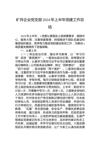 矿井企业党支部2024年上半年党建工作总结
