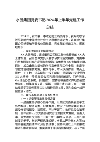 水务集团党委书记2024年上半年党建工作总结