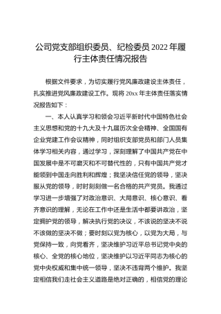 公司党支部组织委员、纪检委员2022年履行主体责任情况报告