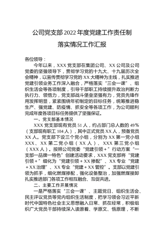 公司党支部2022年度党建工作责任制落实情况工作汇报