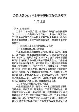 公司纪委2024年上半年纪检工作总结及下半年计划