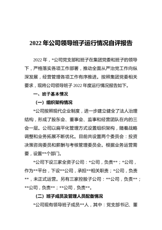 2022年公司领导班子运行情况自评报告