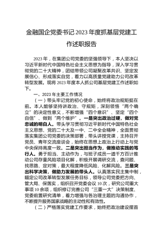金融国企党委书记2023年度抓基层党建工作述职报告