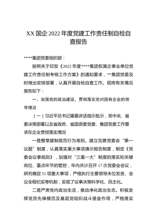XX国企2022年度党建工作责任制自检自查报告