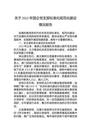 关于2022年国企党支部标准化规范化建设情况报告