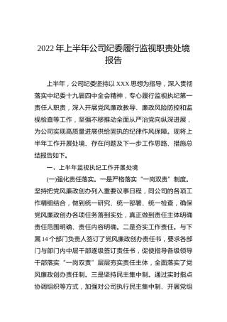2022年上半年公司纪委履行监视职责处境报告