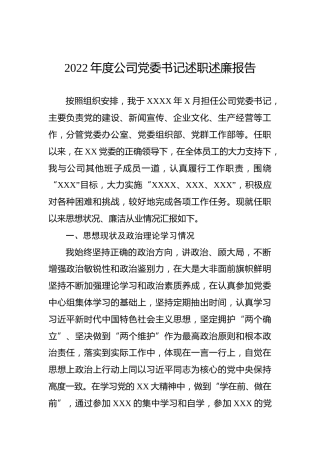 2022年度公司党委书记述职述廉报告