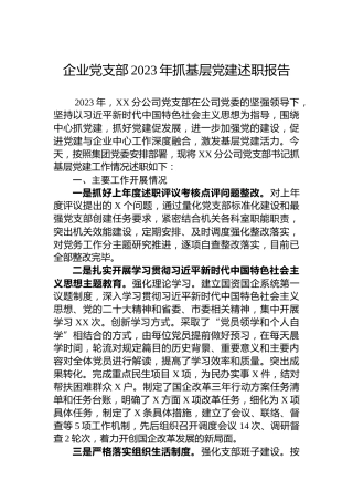 企业党支部2023年抓基层党建述职报告