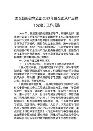 国企战略部党支部2023年度全面从严治党（党建）工作报告