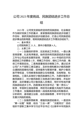 公司2023年度统战、民族团结进步工作总结