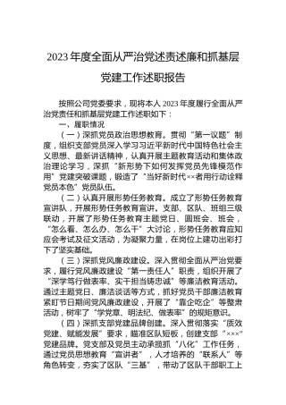 2023年度全面从严治党述责述廉和抓基层党建工作述职报告