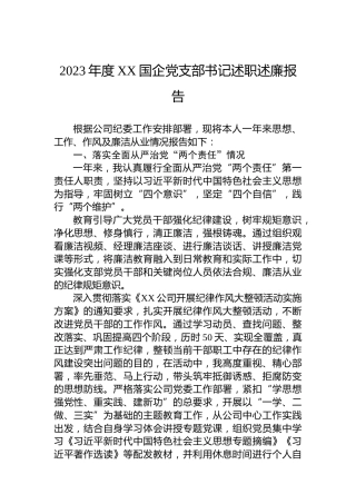 2023年度XX国企党支部书记述职述廉报告