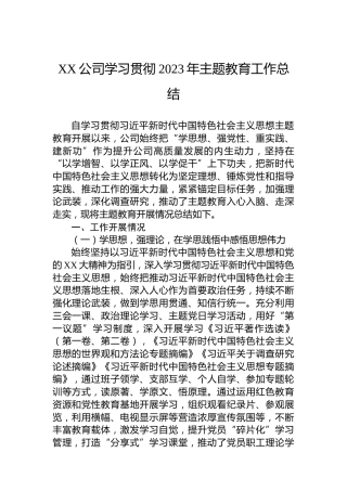 XX公司学习贯彻2023年主题教育工作总结
