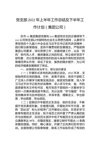 党支部2022年上半年工作总结及下半年工作计划（集团公司）