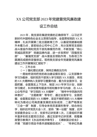 XX公司党支部2023年党建暨党风廉政建设工作总结