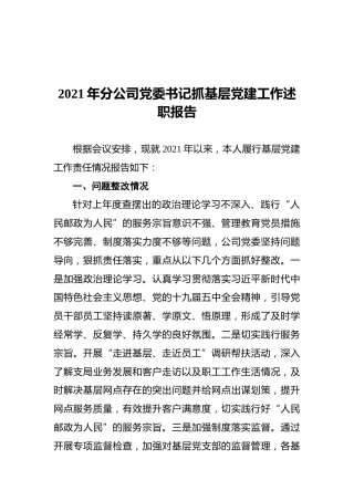 2021年分公司党委书记抓基层党建工作述职报告