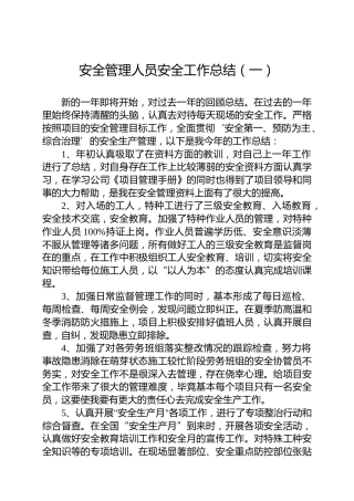 安全管理人员安全工作总结（一）
