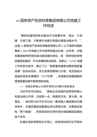 xx国有资产投资经营集团有限公司党建工作综述