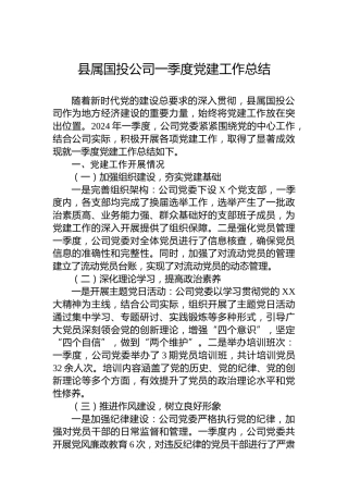 县属国投公司一季度党建工作总结