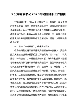 X公司党委书记2020年述廉述职工作报告