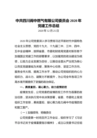 中共四川阆中燃气有限公司委员会2020年党建工作总结