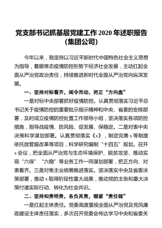 党支部书记抓基层党建工作2020年述职报告（集团公司）
