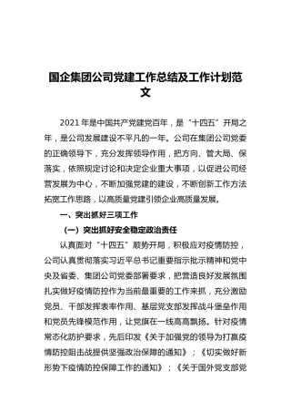 国企集团公司党建工作总结及工作计划范文