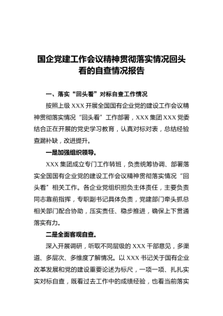 国企党建工作会议精神贯彻落实情况回头看的自查情况报告