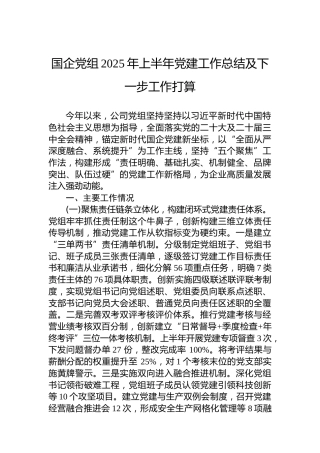 国企党组2025年上半年党建工作总结及下一步工作打算