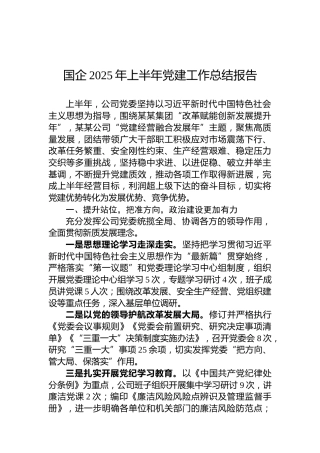 国企2025年上半年党建工作总结报告
