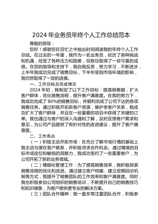 2024年公司业务员年终个人工作总结范本