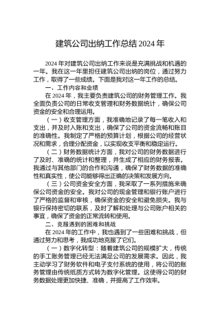 建筑公司出纳工作总结2024年