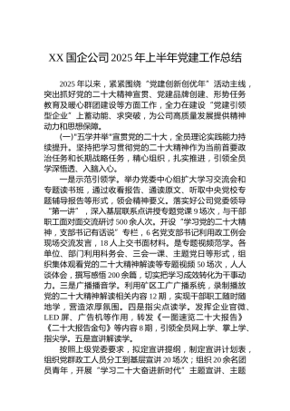 XX国企公司2025年上半年党建工作总结