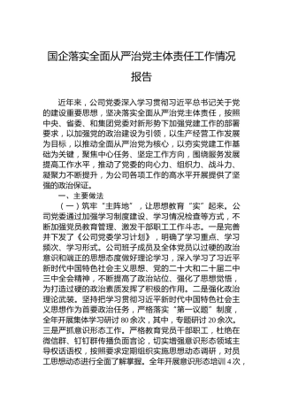 国企落实全面从严治党主体责任工作情况报告