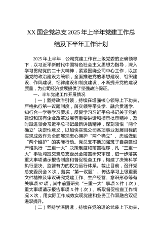 XX国企党总支2025年上半年党建工作总结及下半年工作计划