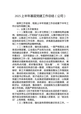 2025上半年基层党建工作总结（公司）