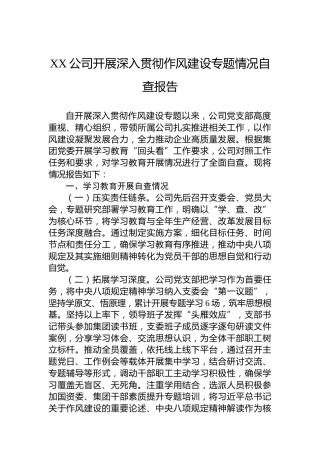 XX公司开展深入贯彻作风建设专题情况自查报告