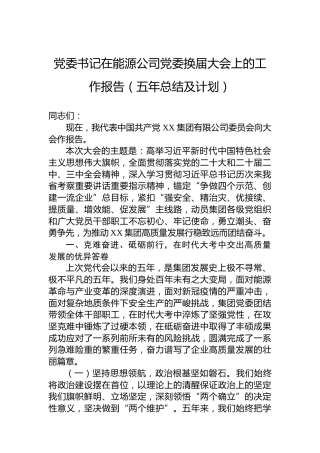 党委书记在能源公司党委换届大会上的工作报告（五年总结及计划）