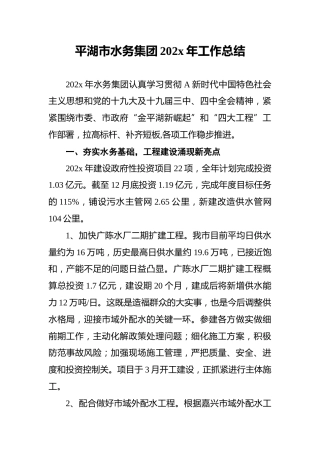 平湖市水务集团202x年工作总结
