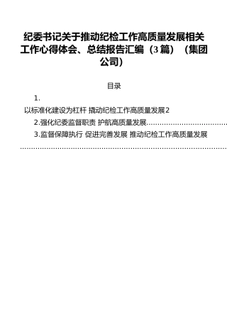 纪委书记关于推动纪检工作高质量发展相关工作心得体会、总结报告汇编（3篇）（集团公司）