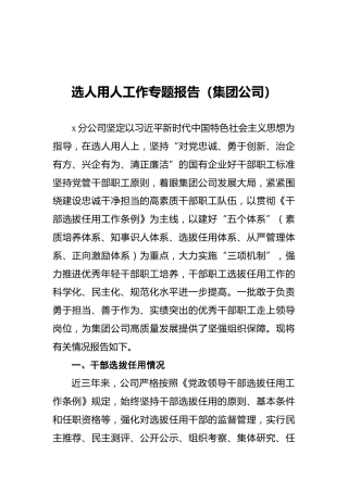 选人用人工作专题报告（集团公司）