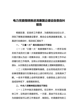 电力党委围绕推进清廉国企建设自查自纠报告