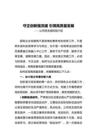 守正创新强党建引领高质量发展——公司党支部经验介绍